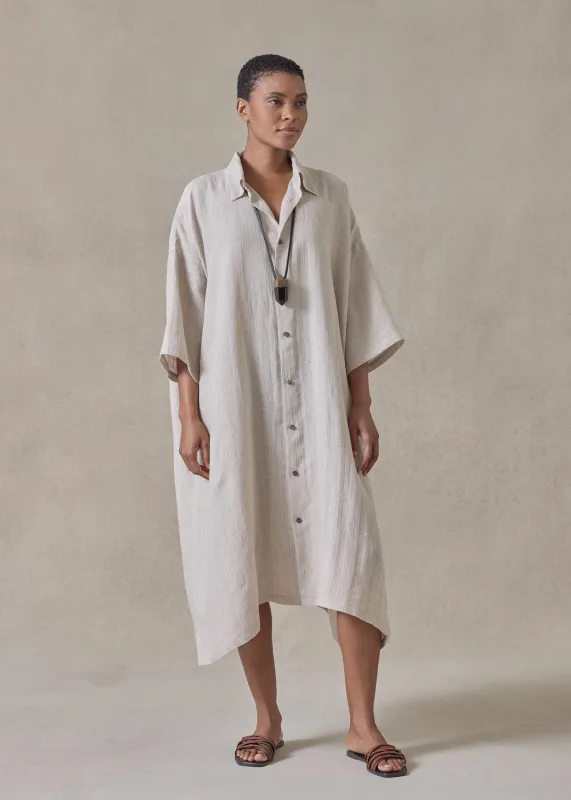 extrafine gold stripe linen wide a-line short sleeve shirt dress with collar (natural) made by eskandar