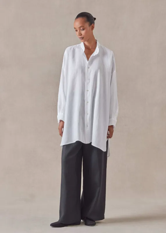 handkerchief linen wide a-line collarless classic shirt - long plus (white) made by eskandar