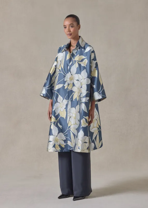 silk mix sloped shoulder wide a-line open jacket with collar - 3/4 length (bluegold) made by eskandar