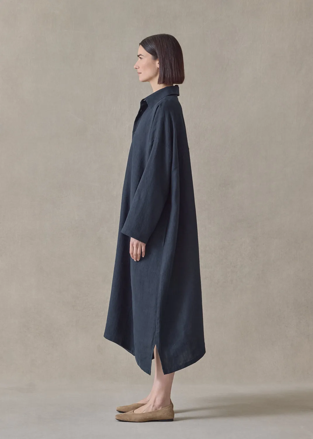 heavyweight linen wide a-line back pleat shirt dress with collar (navydark) sold by eskandar product image thumbnail 3