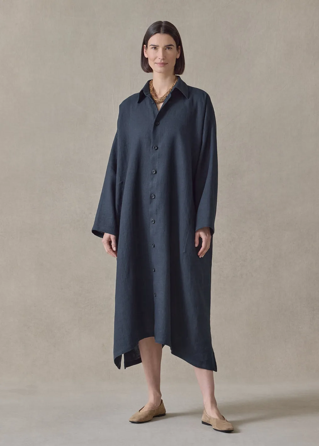 heavyweight linen wide a-line back pleat shirt dress with collar (navydark) sold by eskandar product image thumbnail 2