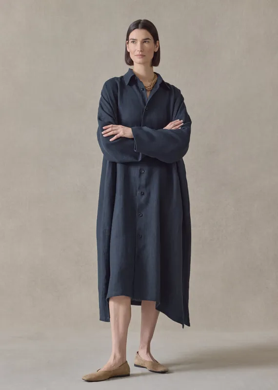 heavyweight linen wide a-line back pleat shirt dress with collar (navydark) made by eskandar