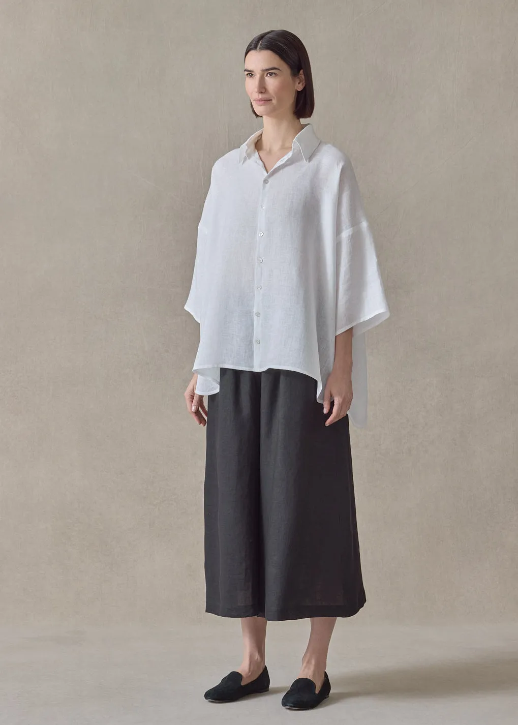 handkerchief linen sloped shoulder wide a-line short sleeve shirt with collar - mid plus (white) sold by eskandar product image thumbnail 5