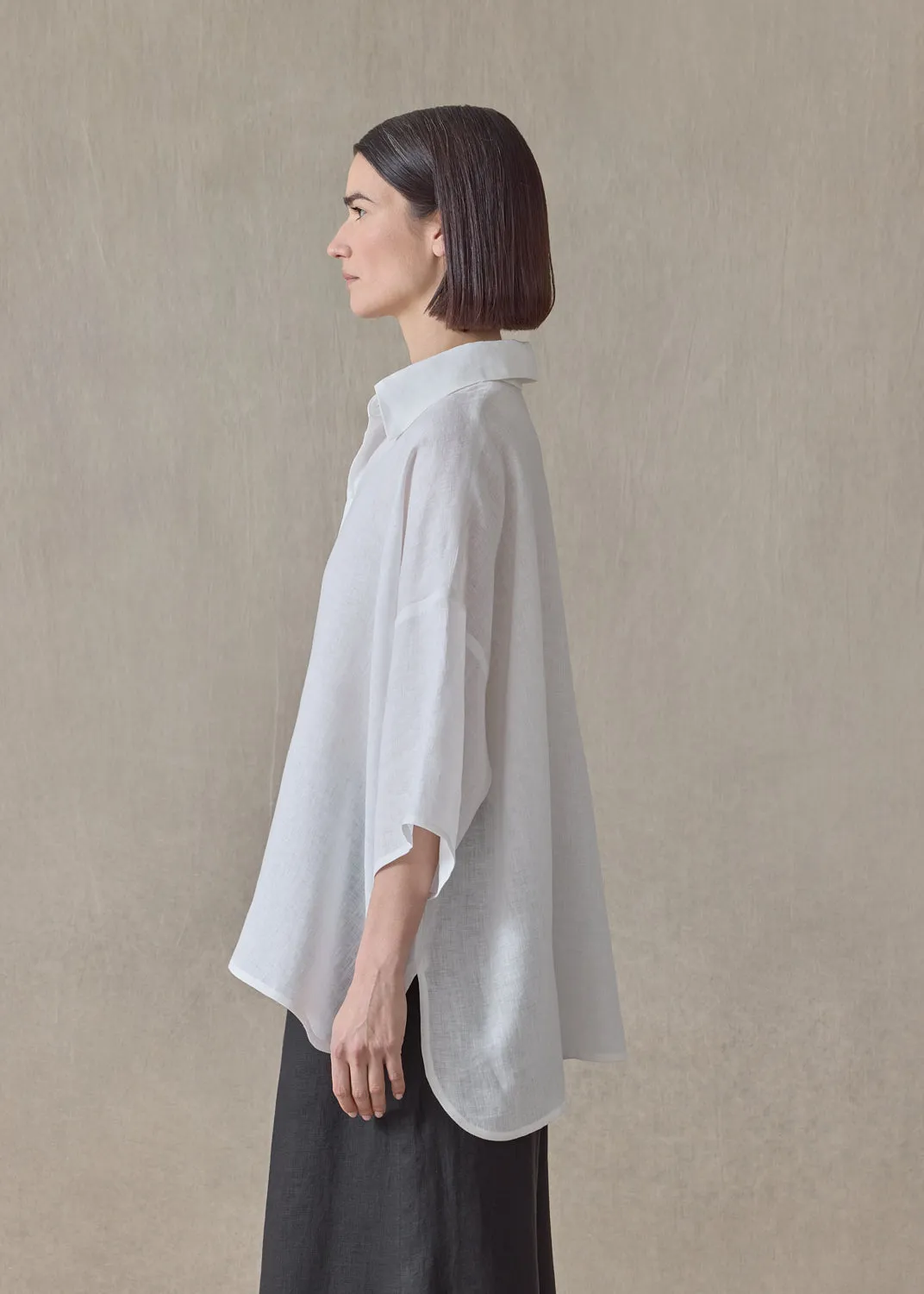 handkerchief linen sloped shoulder wide a-line short sleeve shirt with collar - mid plus (white) sold by eskandar product image thumbnail 2