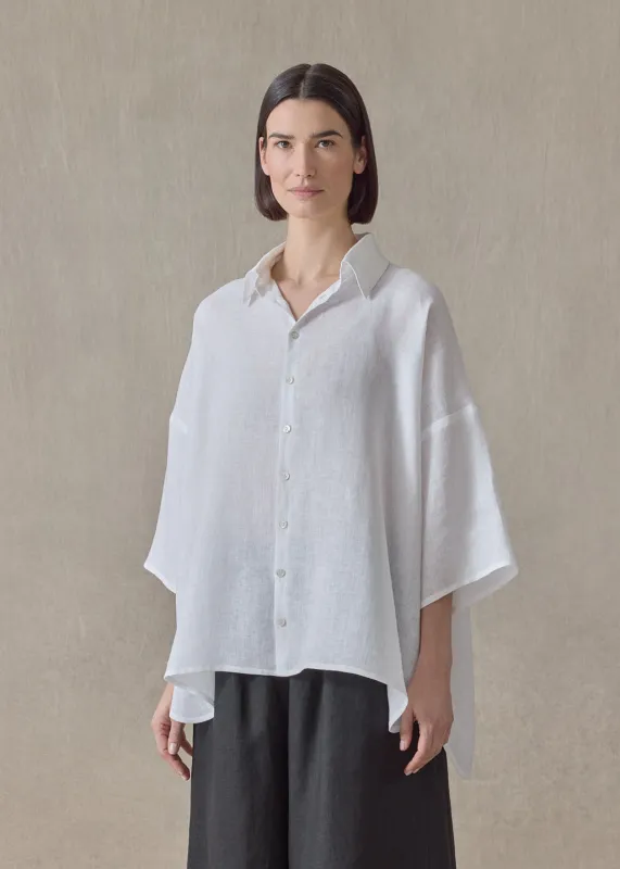 handkerchief linen sloped shoulder wide a-line short sleeve shirt with collar - mid plus (white) made by eskandar