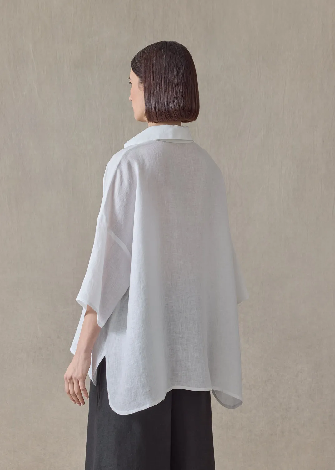 handkerchief linen sloped shoulder wide a-line short sleeve shirt with collar - mid plus (white) sold by eskandar product image thumbnail 4