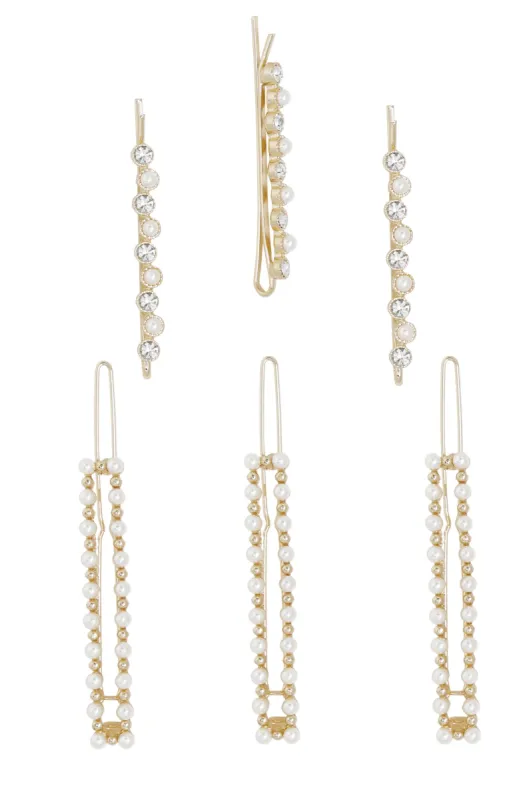 Pearl and Clear Crystal Mixed Hair Pin Set of 6 sold by ettika