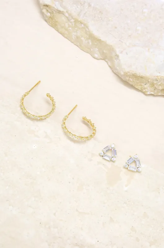 Triangle Crystal Stud & 18k Gold Plated Hoop Earring Set sold by ettika