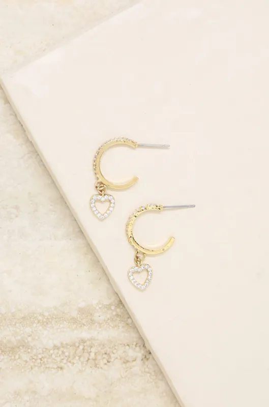 Small Crystal Heart Dangle Hoop 18k Gold Plated Earrings sold by ettika