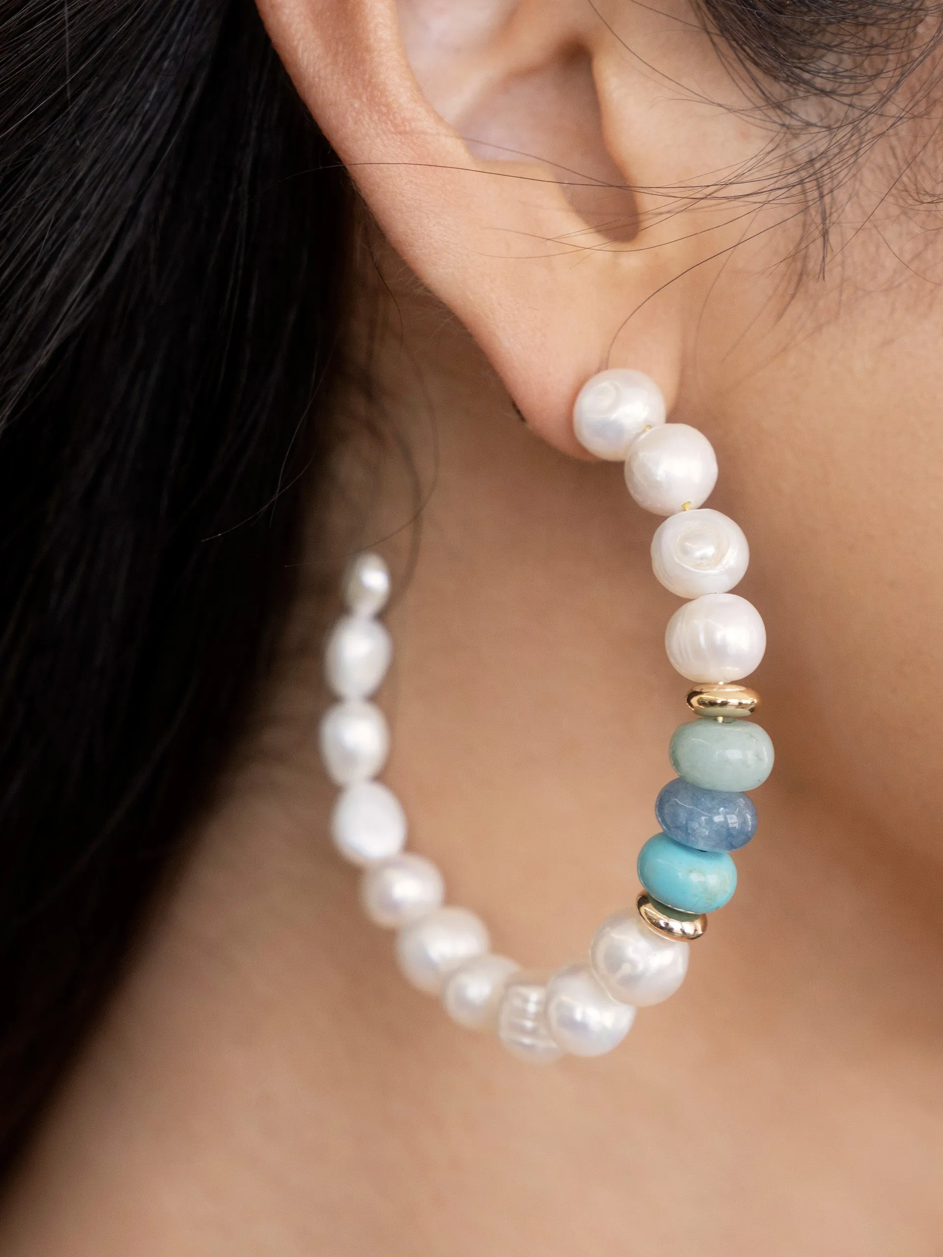 Beach Day Pearl and Gemstone Hoop Earrings sold by ettika product image thumbnail 4