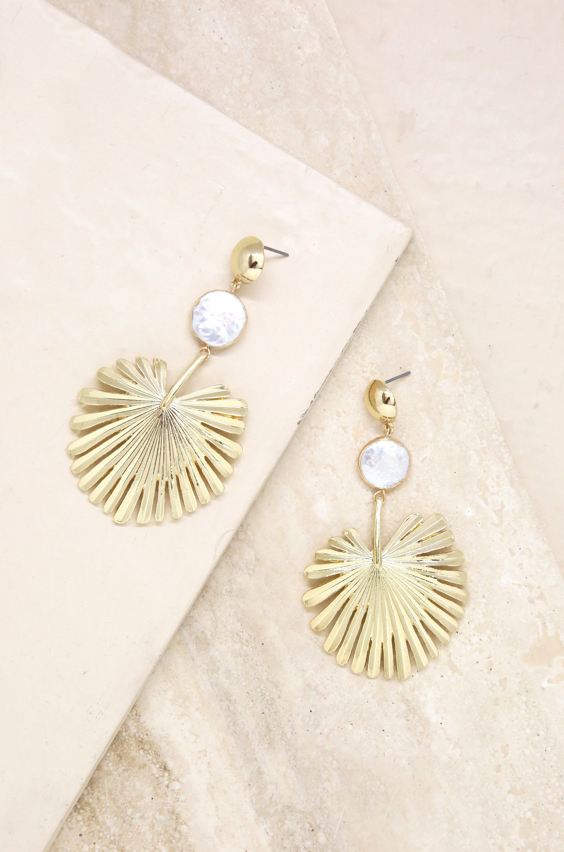 Palm Leaf Earring with Pearl in Gold sold by ettika