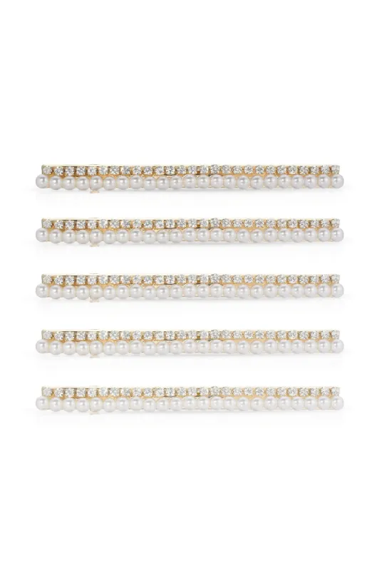 Thin Pearl and Crystal Hair Clip Set sold by ettika