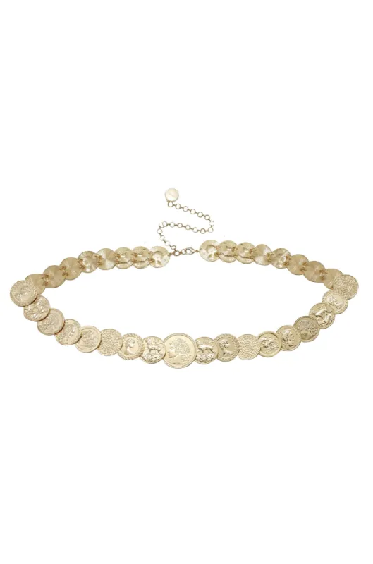 Roman Coin Statement Belt in Gold sold by ettika