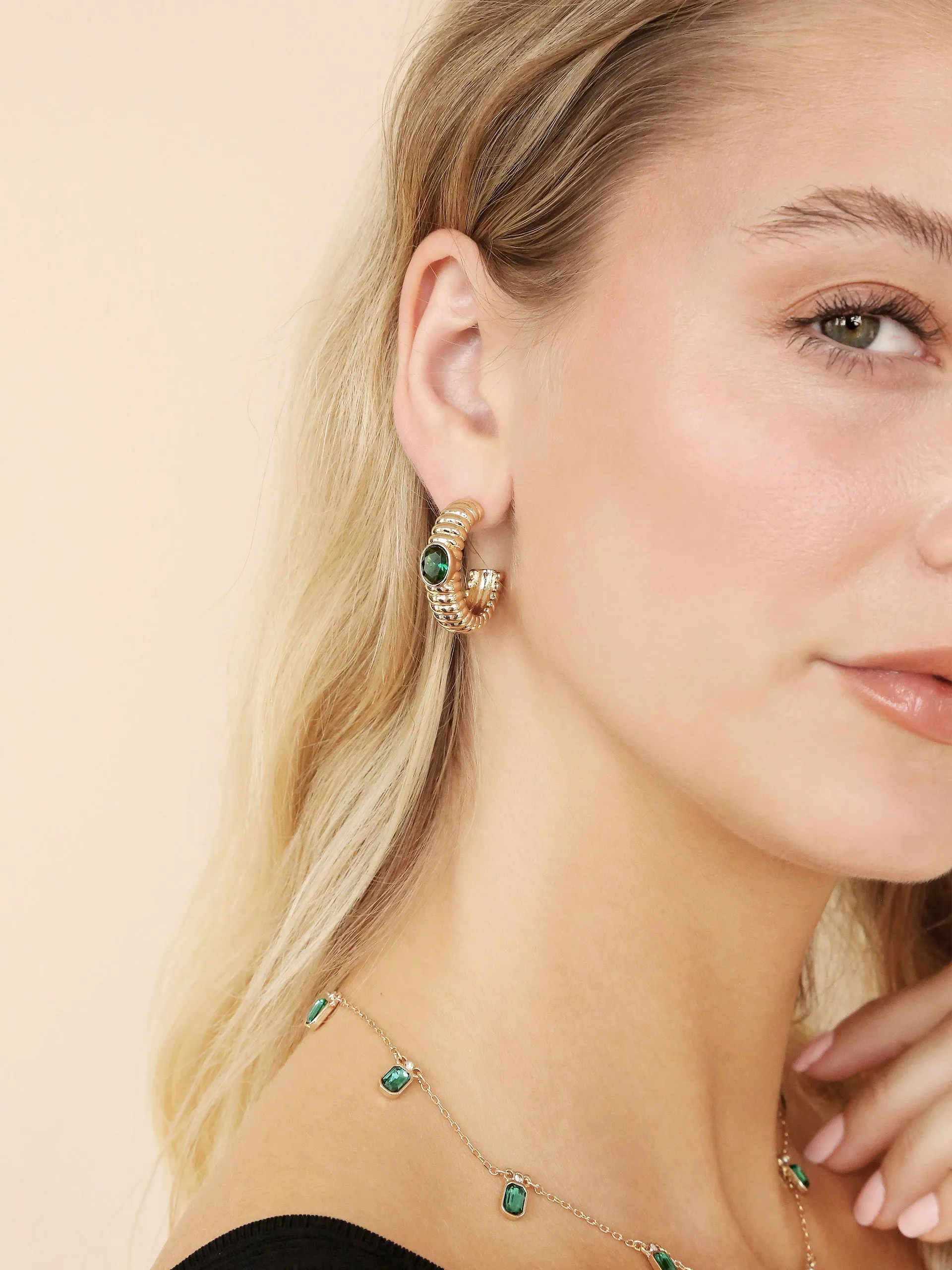 Ribbed Emerald Large Hoops sold by ettika product image thumbnail 4