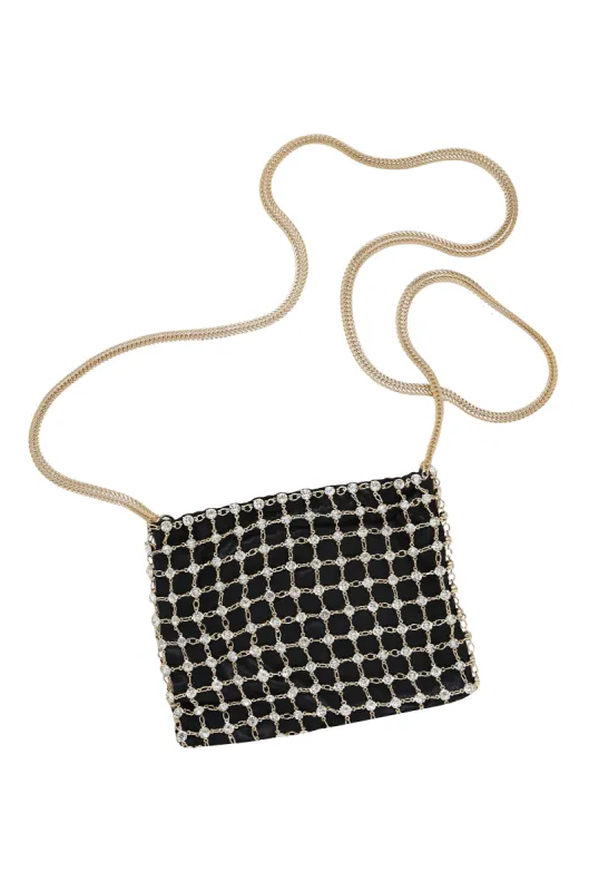 Crystal Criss Cross Chain Bag in Black & Gold sold by ettika