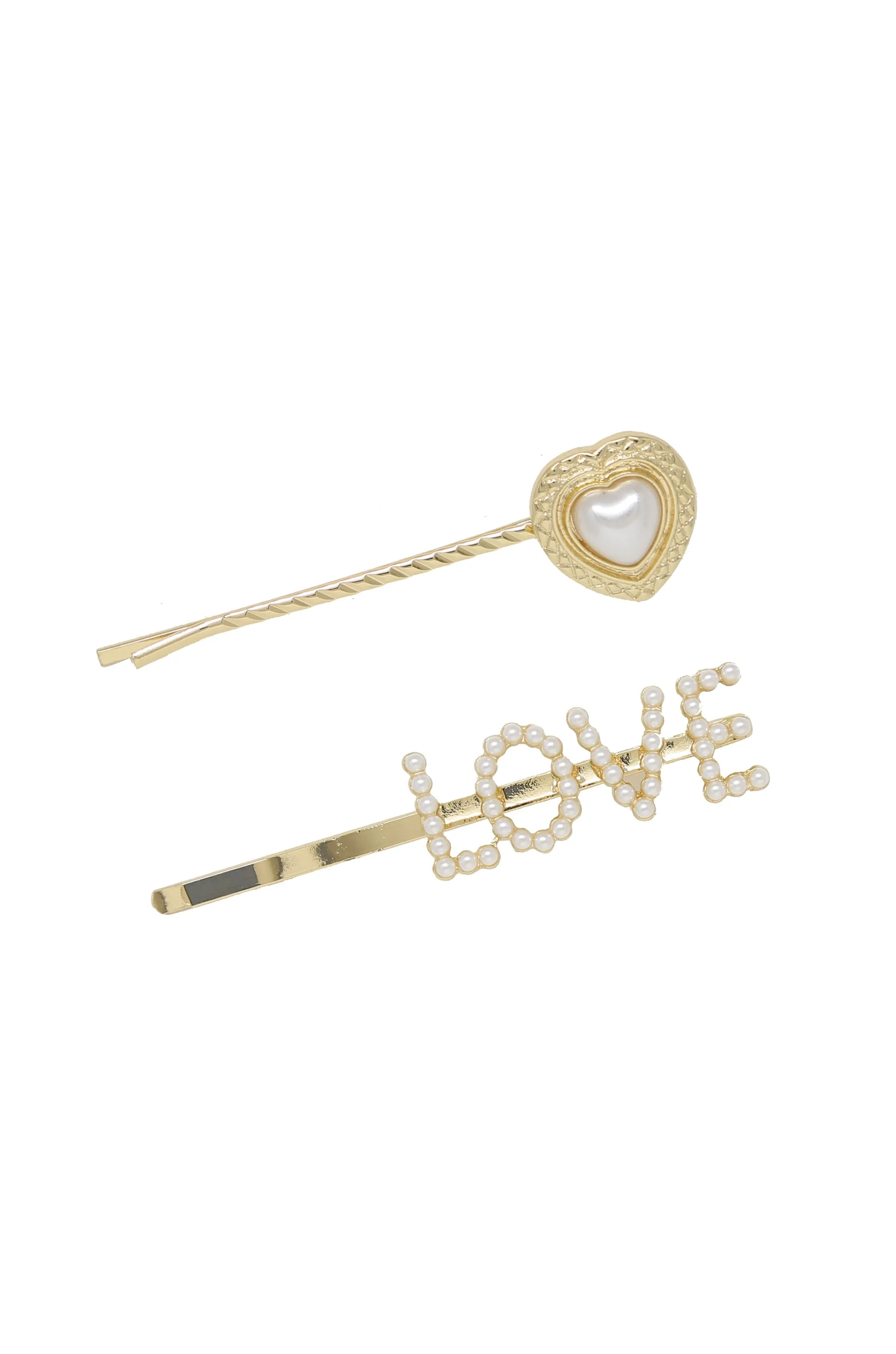 Pearl & Gold Love Heart Hair Pin Set sold by ettika