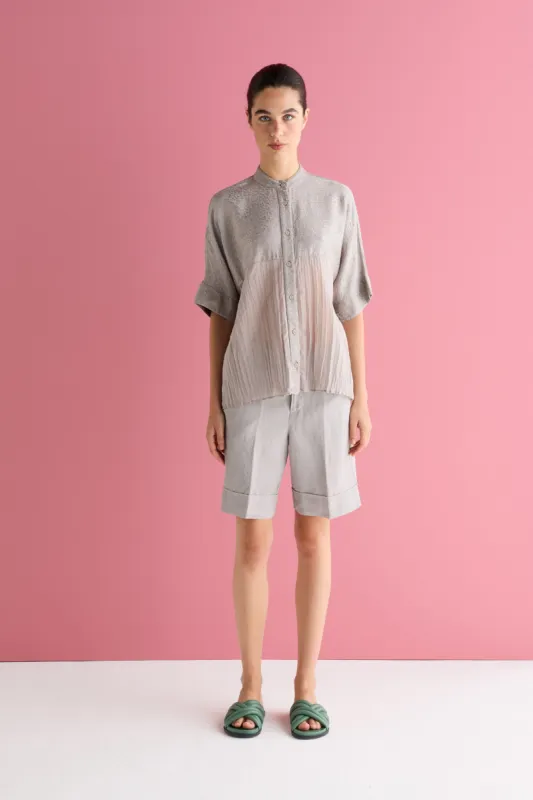 Pleated Shirt with Mandarin Collar Garment Dyed 6580 3394 sold by European Culture