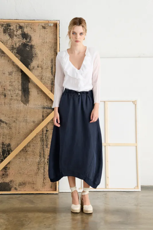 Midi Skirt with Drawstring Waist Garment-Dyed 2560 7049 sold by European Culture