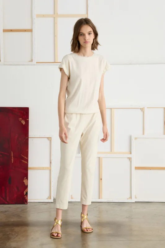 Short-Sleeved Cupro Jumpsuit with Elastic Waistband Garment-Dyed 19N0 6683 sold by European Culture