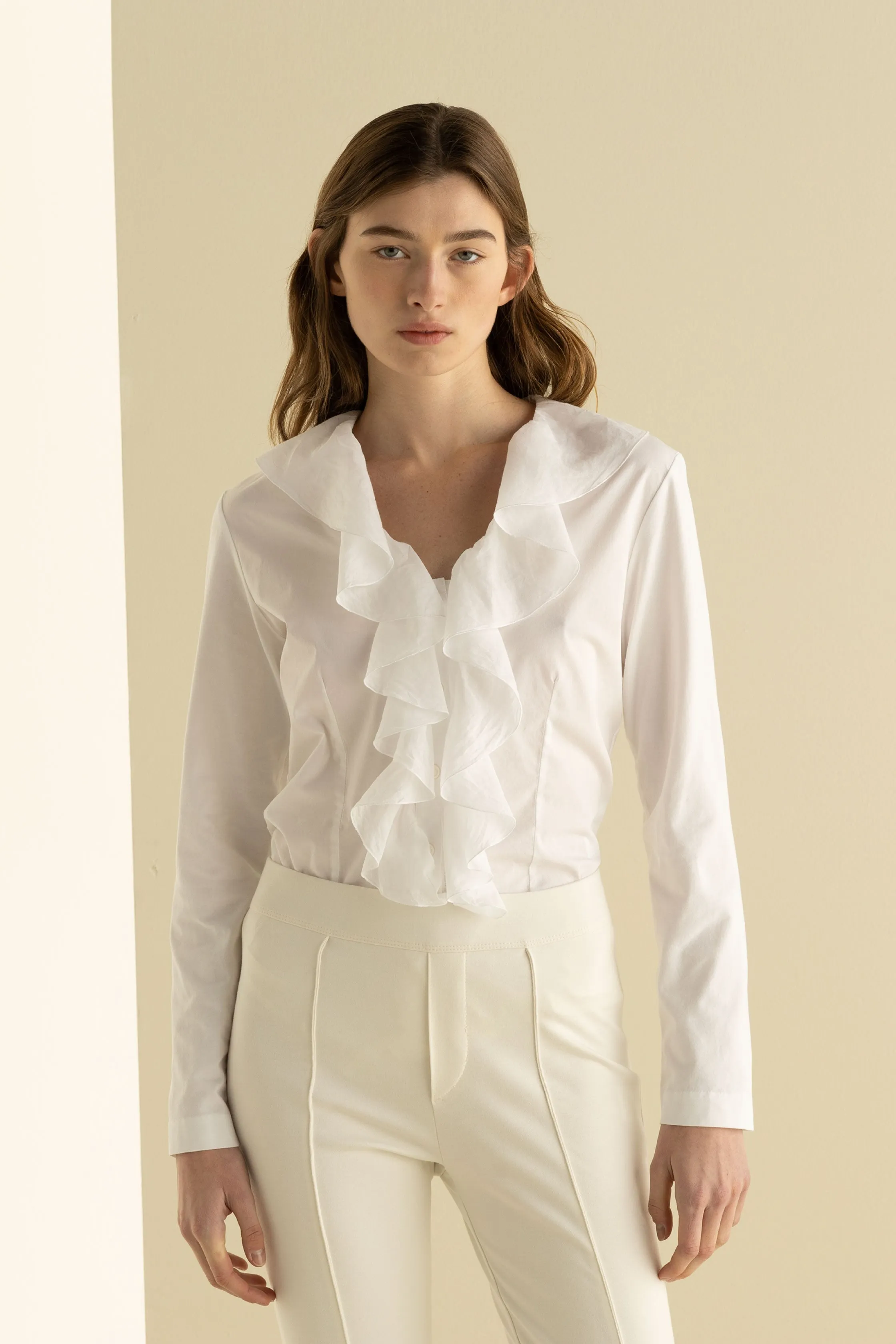 Shirt with Asymmetric Ruffles Garment Dyed 68WU 3217 sold by European Culture