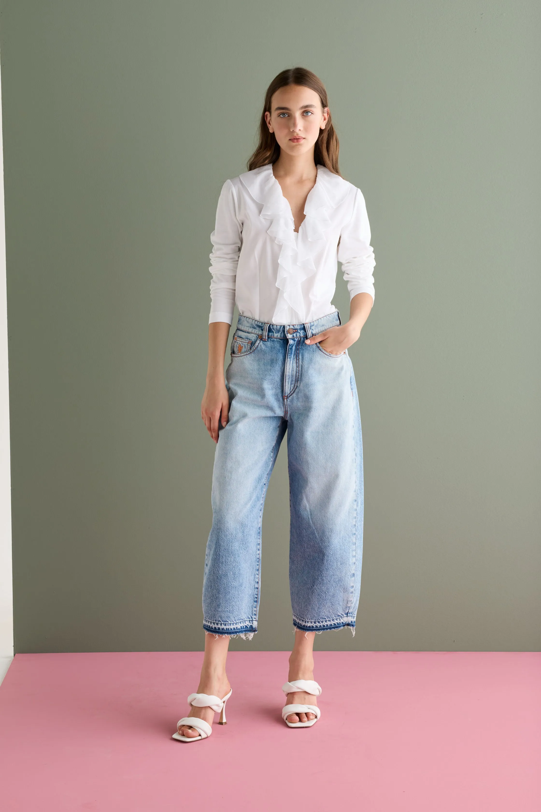 Long Sleeve Shirt Front Ruffles Garment Dyed 67CU 3217 sold by European Culture