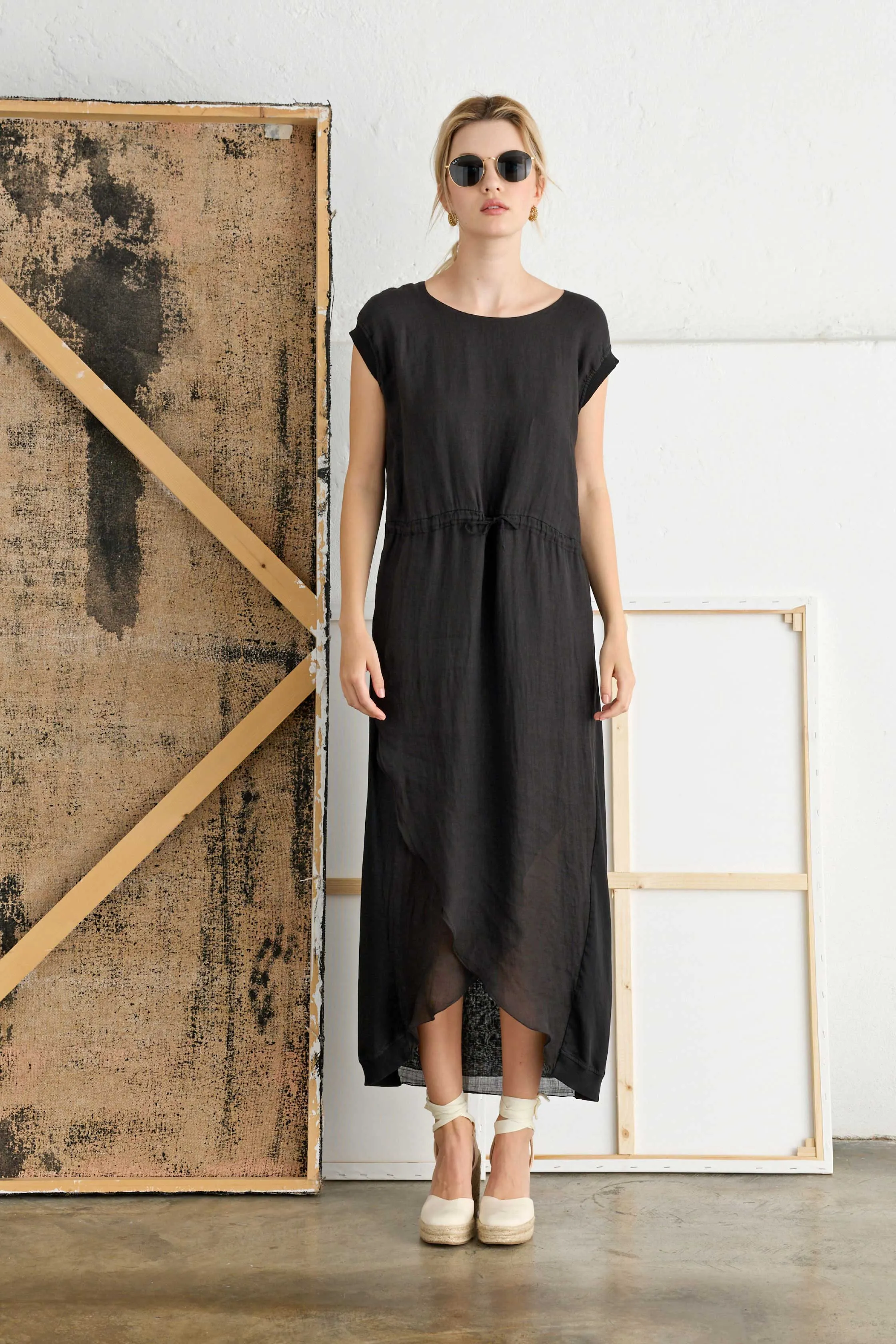 Ramié Midi Dress with Drawstring Waist Garment-Dyed 10FU 7027 sold by European Culture