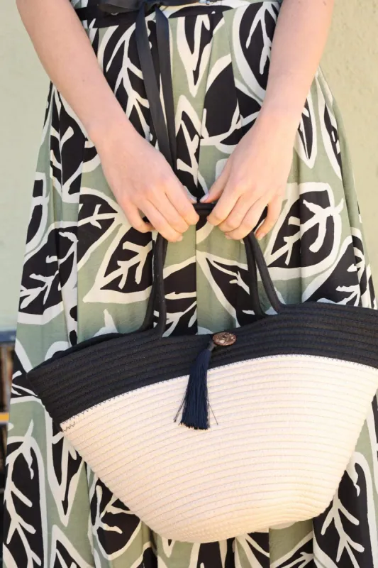 Black & Cream Woven Bucket Tote Bag sold by Eva Franco