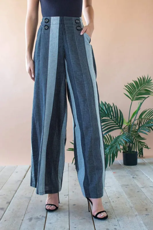 Hepburn High Waist Wide Leg Pants - Graphite Stripe sold by Eva Franco