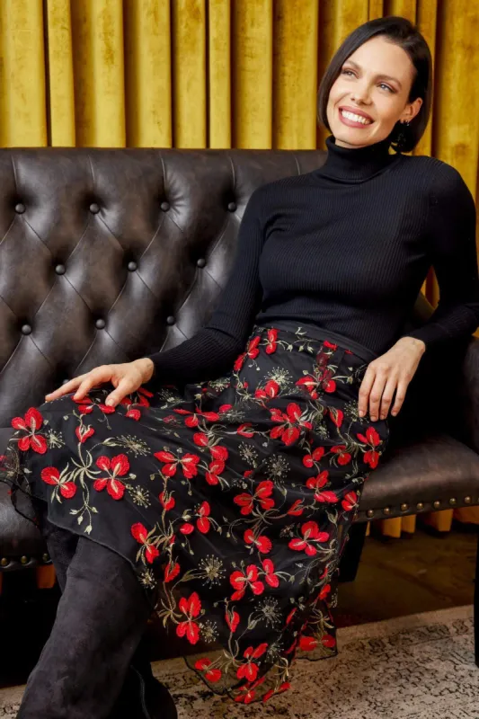 Embroidered Floral Midi Skirt - Cardinal sold by Eva Franco