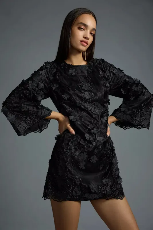 3-D Floral Shift Mini Dress - Black Petal sold by Eva Franco