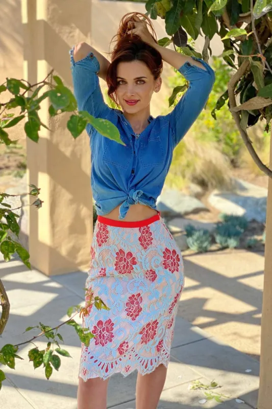 Pale Blue and Red Lace Skirt sold by Eva Franco