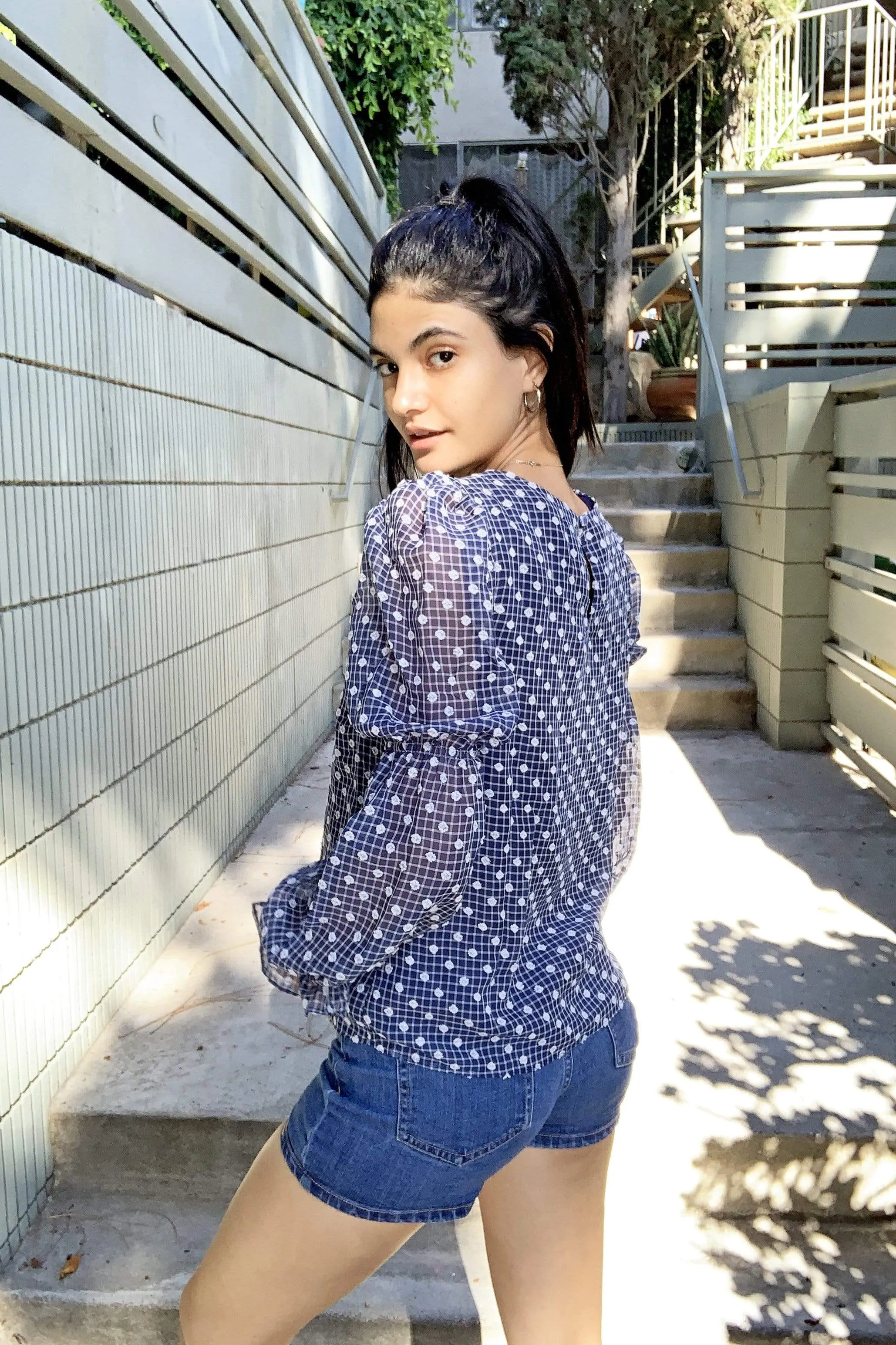 Lesley Blouse in Navy Clip Dot sold by Eva Franco product image thumbnail 4