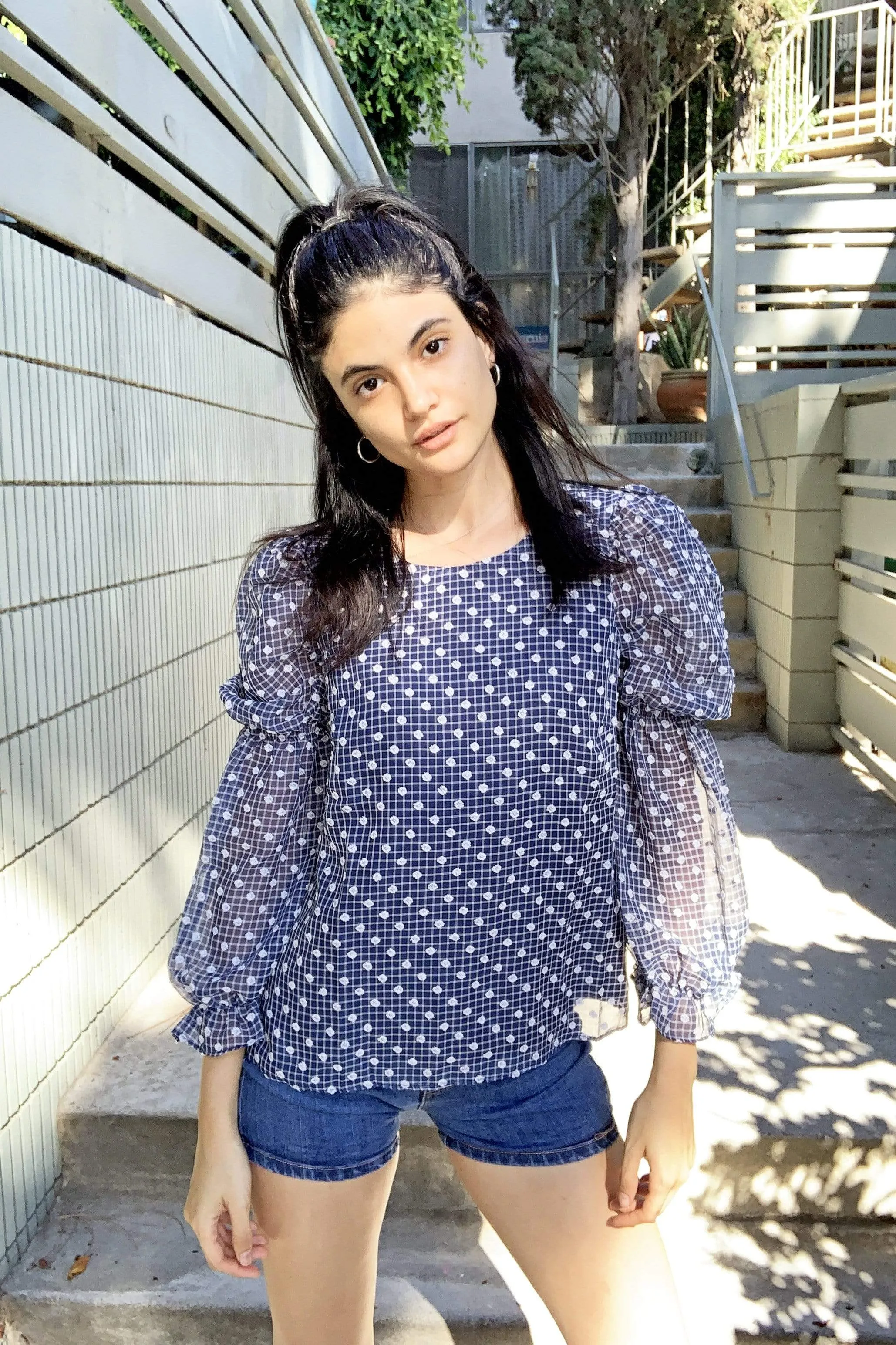 Lesley Blouse in Navy Clip Dot sold by Eva Franco product image thumbnail 3