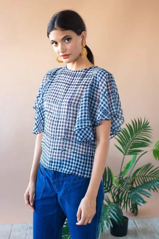 Juniper Cape Sleeve Top - Indigo Gingham sold by Eva Franco