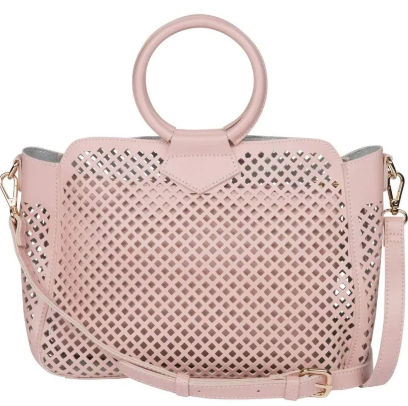 Blush Lasercut Vegan-Leather Top Handle Purse Bag sold by Eva Franco