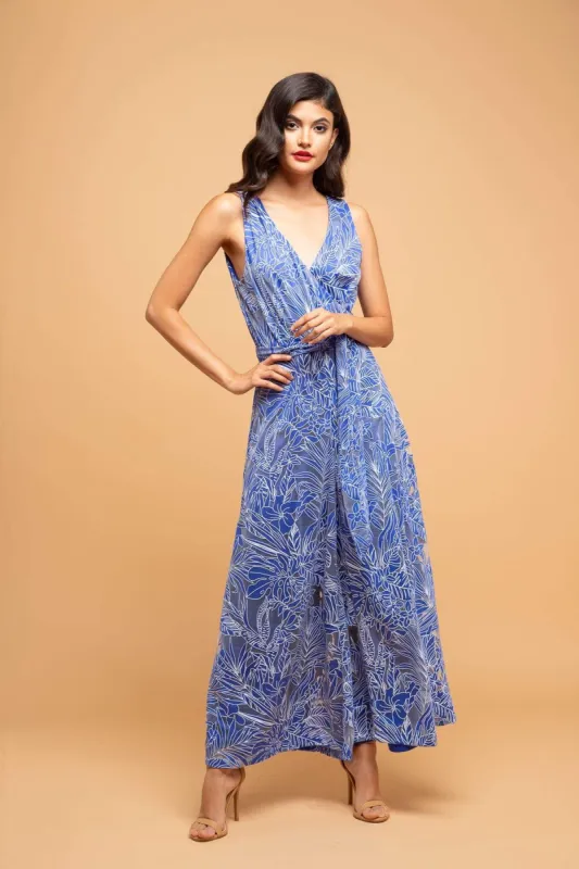 Sunny V-Neck Palazzo Pant Jumpsuit - Santorini Palm Cotton Knit sold by Eva Franco