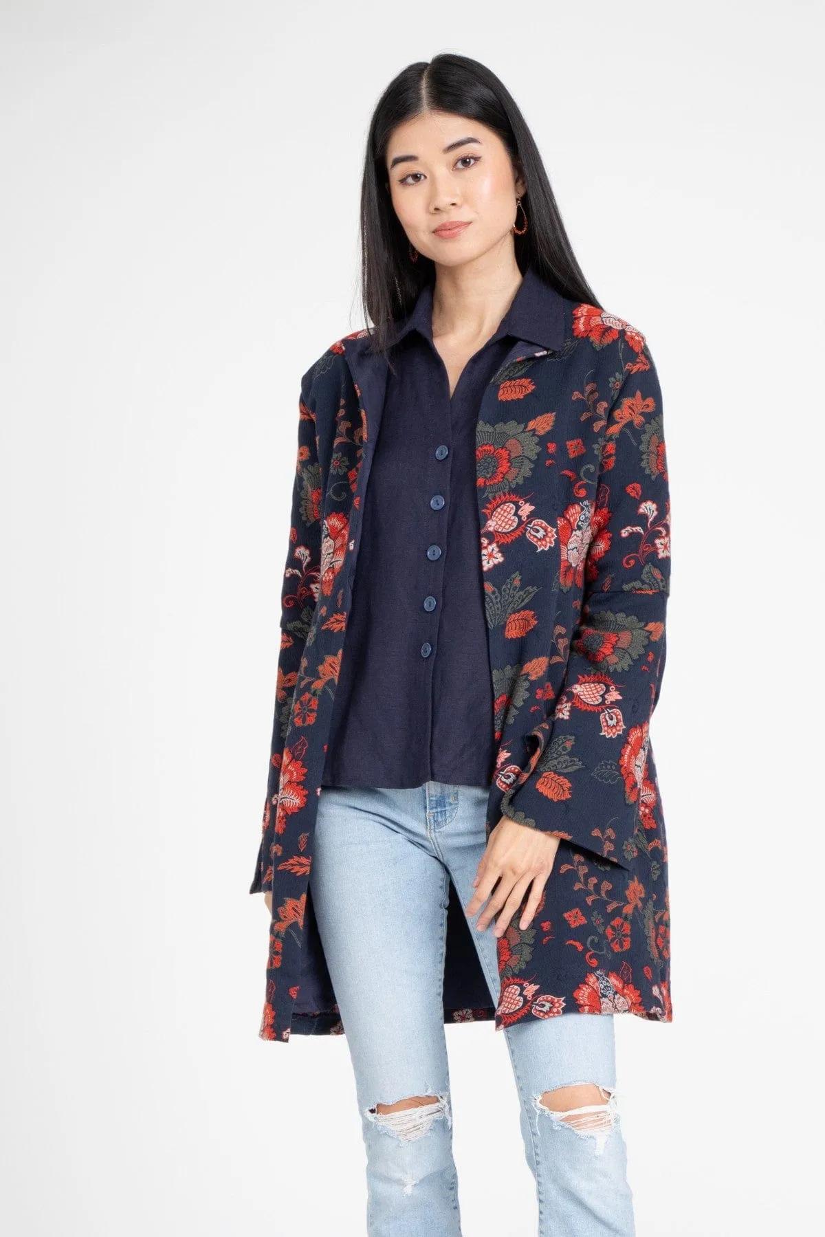 Lana Coat – Sapphire Damask sold by Eva Franco