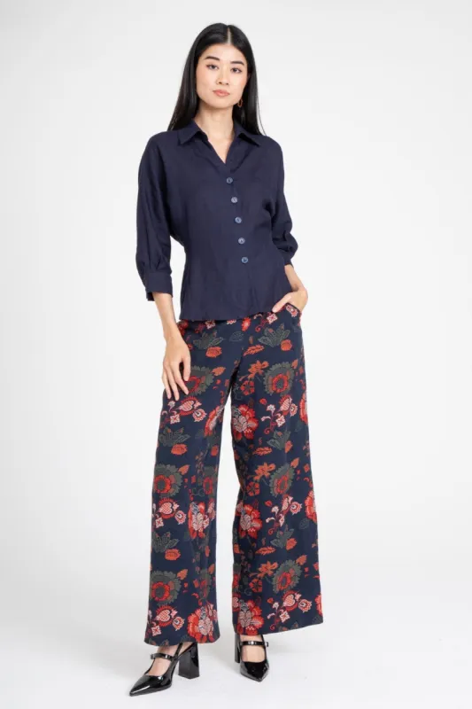 Hepburn Pant – Sapphire Damask sold by Eva Franco