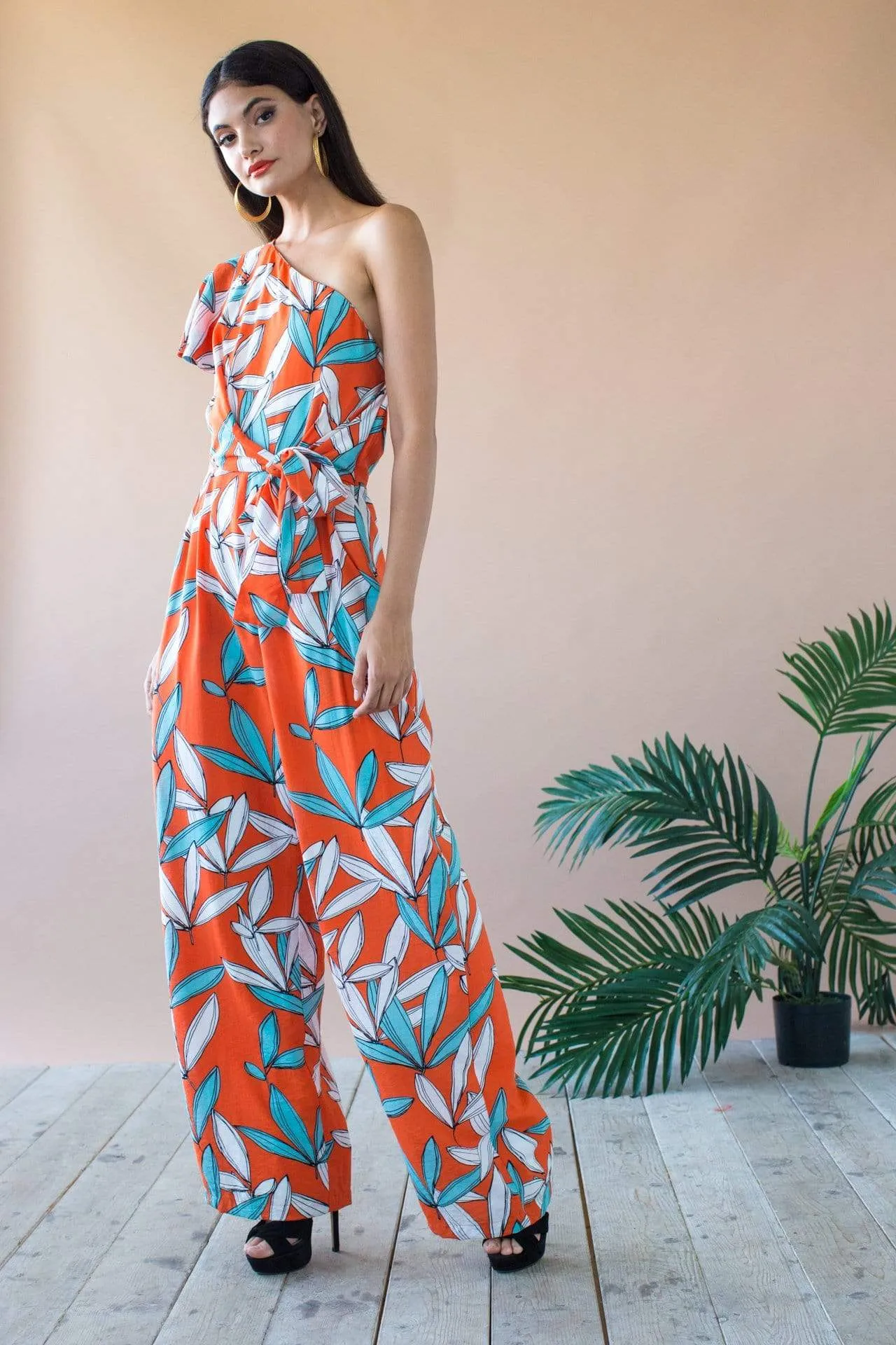 Amir One Shoulder Jumpsuit With Flutter Sleeve and Pockets- Rio Flora sold by Eva Franco product image thumbnail 5