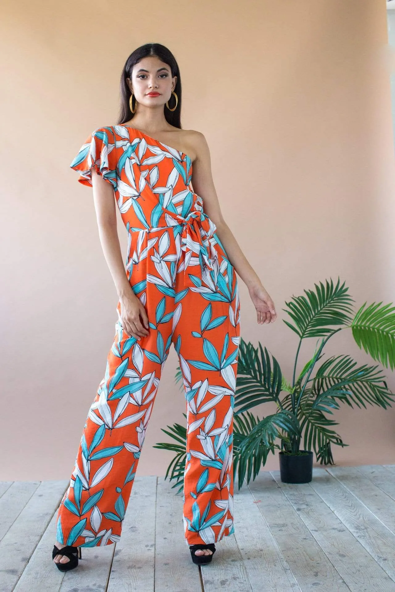 Amir One Shoulder Jumpsuit With Flutter Sleeve and Pockets- Rio Flora sold by Eva Franco product image thumbnail 2