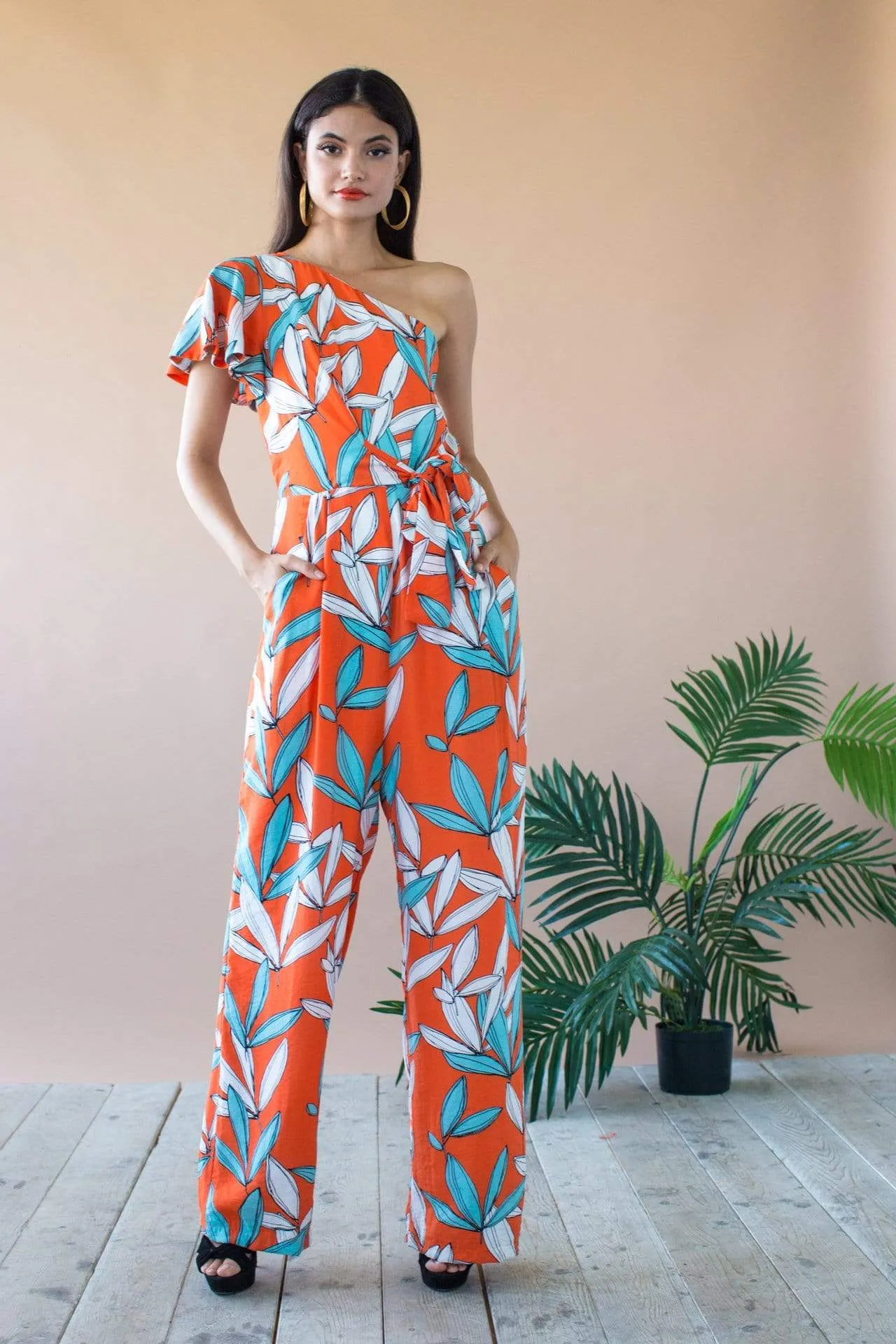Amir One Shoulder Jumpsuit With Flutter Sleeve and Pockets- Rio Flora sold by Eva Franco