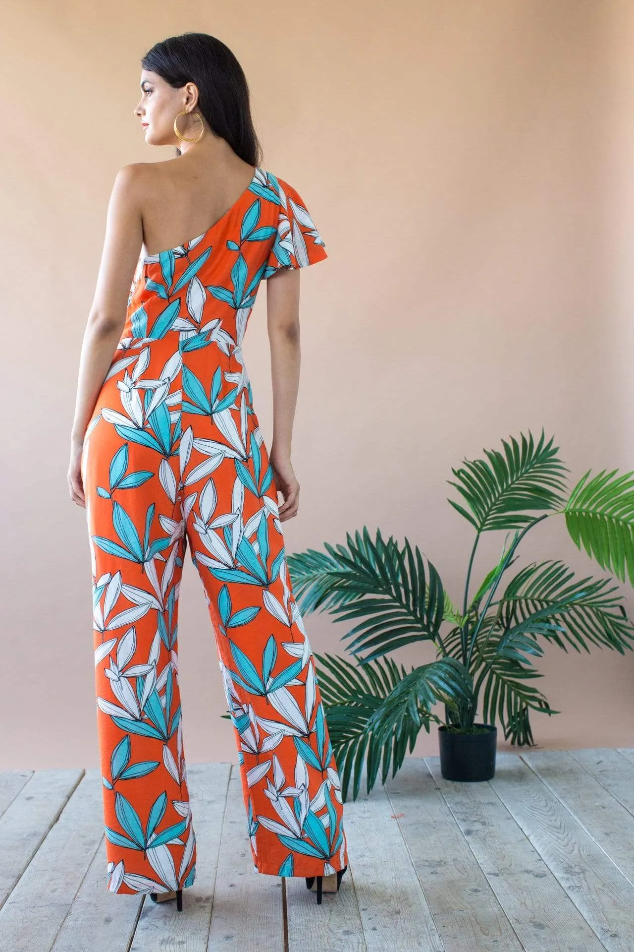 Amir One Shoulder Jumpsuit With Flutter Sleeve and Pockets- Rio Flora sold by Eva Franco product image thumbnail 4