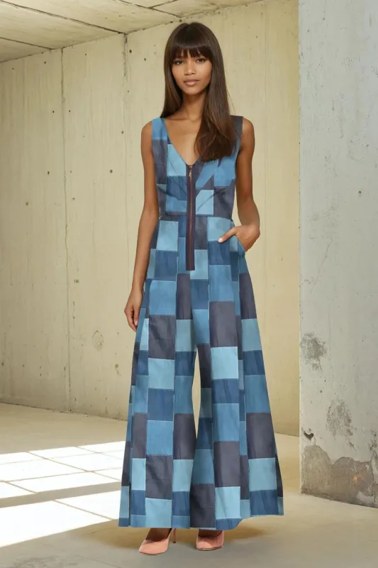 Axella Jumpsuit - Denim Patchwork sold by Eva Franco