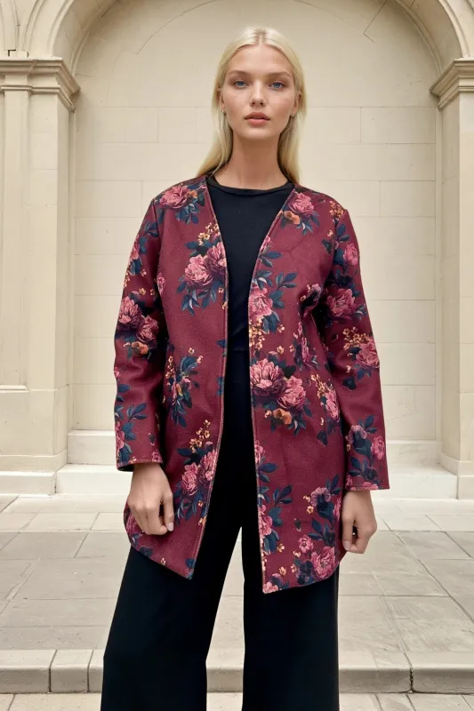 Veronica Car Coat - Burgundy Floral sold by Eva Franco