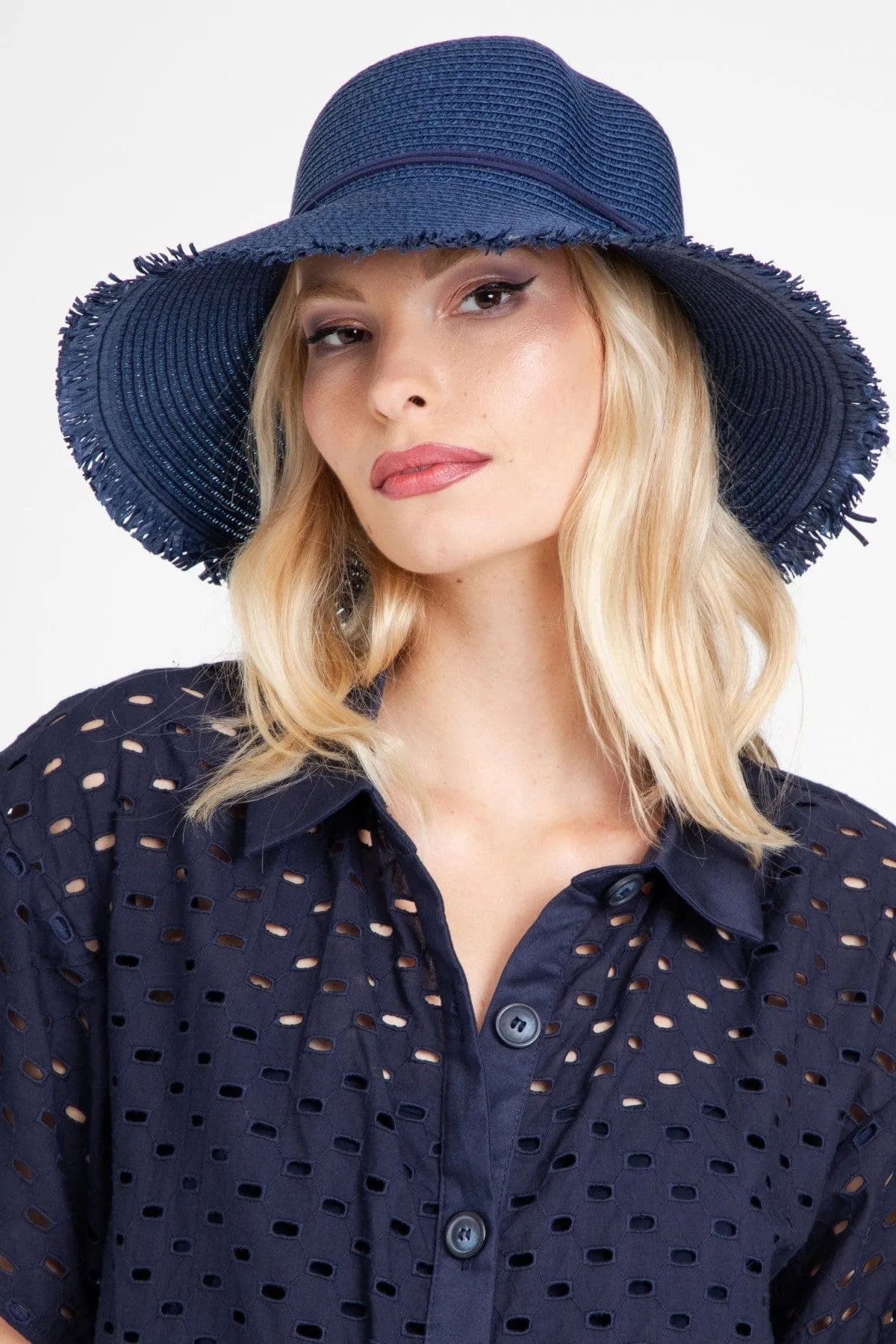 Navy Fringe Straw Hat sold by Eva Franco