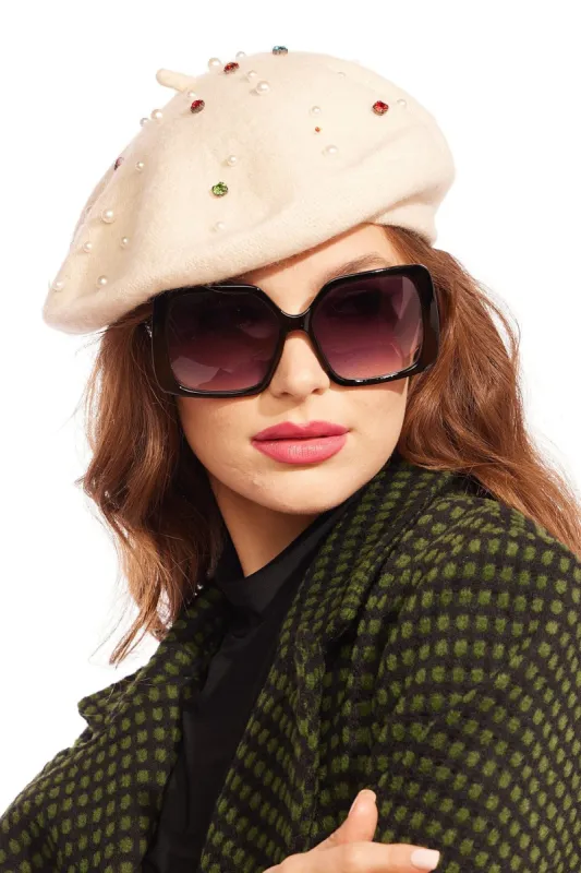 Ivory Embellished Beret sold by Eva Franco