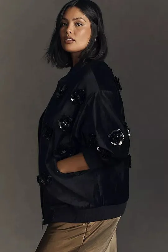 Velvet Floral Embroidered Bomber Jacket sold by Eva Franco product image thumbnail 2