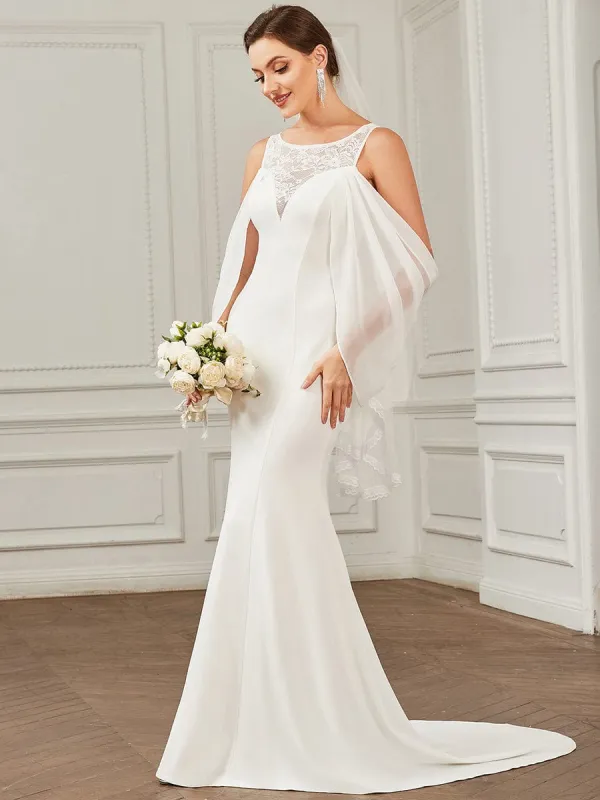 Chiffon Cold Shoulder Draped Sleeve Lace Fishtail Wedding Dress sold by Ever Pretty