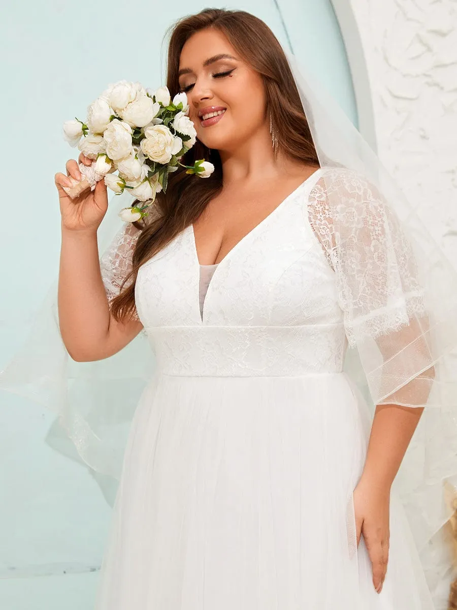 LUSARA'S BRIDE|Dreamy Plus Size V-Neck Lace Short Sleeves Tulle Wedding Dresses sold by Ever Pretty product image thumbnail 3