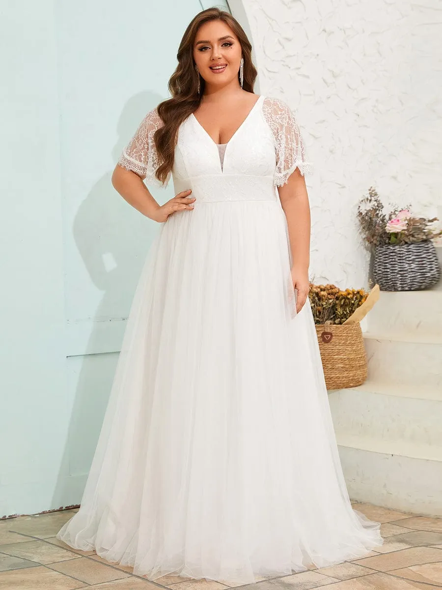 LUSARA'S BRIDE|Dreamy Plus Size V-Neck Lace Short Sleeves Tulle Wedding Dresses sold by Ever Pretty product image thumbnail 4